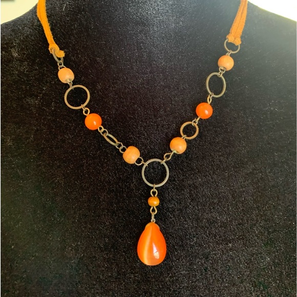 Orange beaded necklace and matching earrings with suede straps. Cute set! - Picture 2 of 8